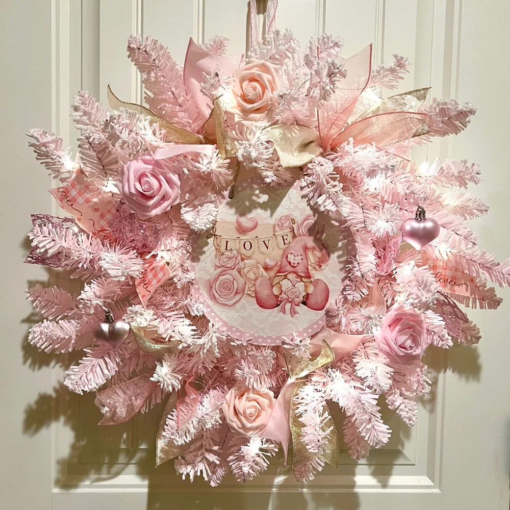 Handmade 22” Valentine’s Day Pink Flocked Garland Gnome LED Wreath W30